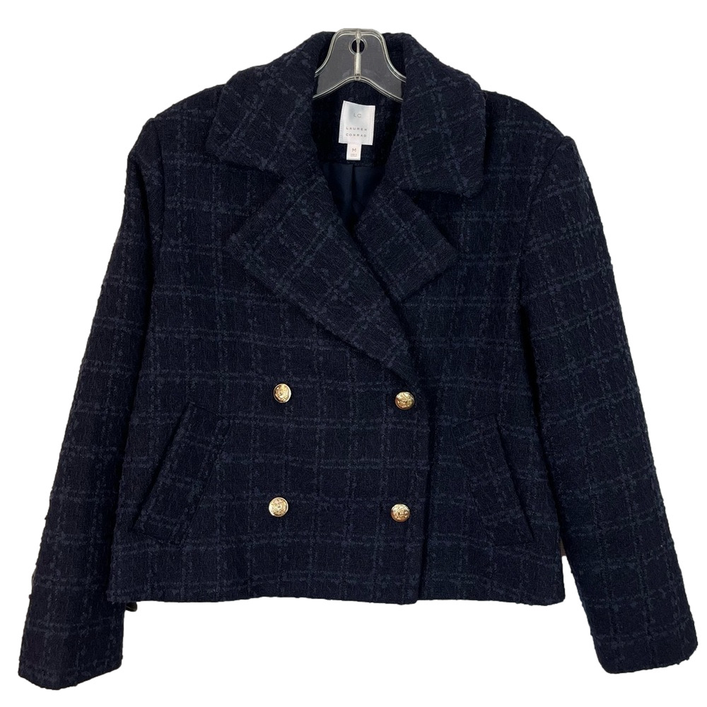 LC Lauren Conrad Women’s 4-Button Double Breasted Tweed Navy Blue Shacket Medium
